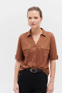 Chemise Estela 100% Lin Marron Cognac Femme*CAROLL Cheap