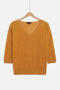 Pull Alicia Col V 100% Lin Jaune Moutarde Femme*CAROLL Store