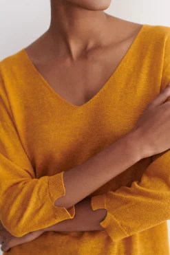 Pull Alicia Col V 100% Lin Jaune Moutarde Femme*CAROLL Store