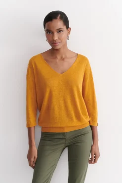 Pull Alicia Col V 100% Lin Jaune Moutarde Femme*CAROLL Store
